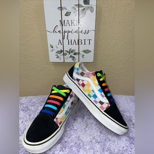 VANS Old Skool Checkered Black/White/Rainbow Multi-Color Men 5 Women 6.5 Sneaker
